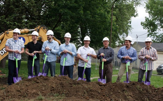 Participating in the groundbreaking (from left to right) Pastor Mike Cosper, Pastor Nathan Ivey, Pastor Chad Lewis, Pastor Bryce Butler, Pastor Daniel Montgomery, David Heyne (QK4), Leo Post (A.L. Post Construction), Vadim Kaplan (Studio A Architecture)